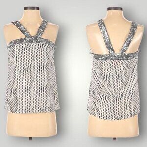 Tory Burch Silver Navy Blue & White Sequin Silk Halter Top